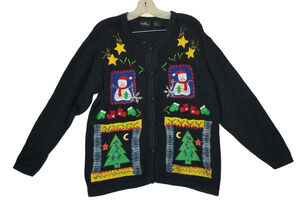 One Resource Womens Ugly Christmas Tree Sweater Cardigan Snowman Large
